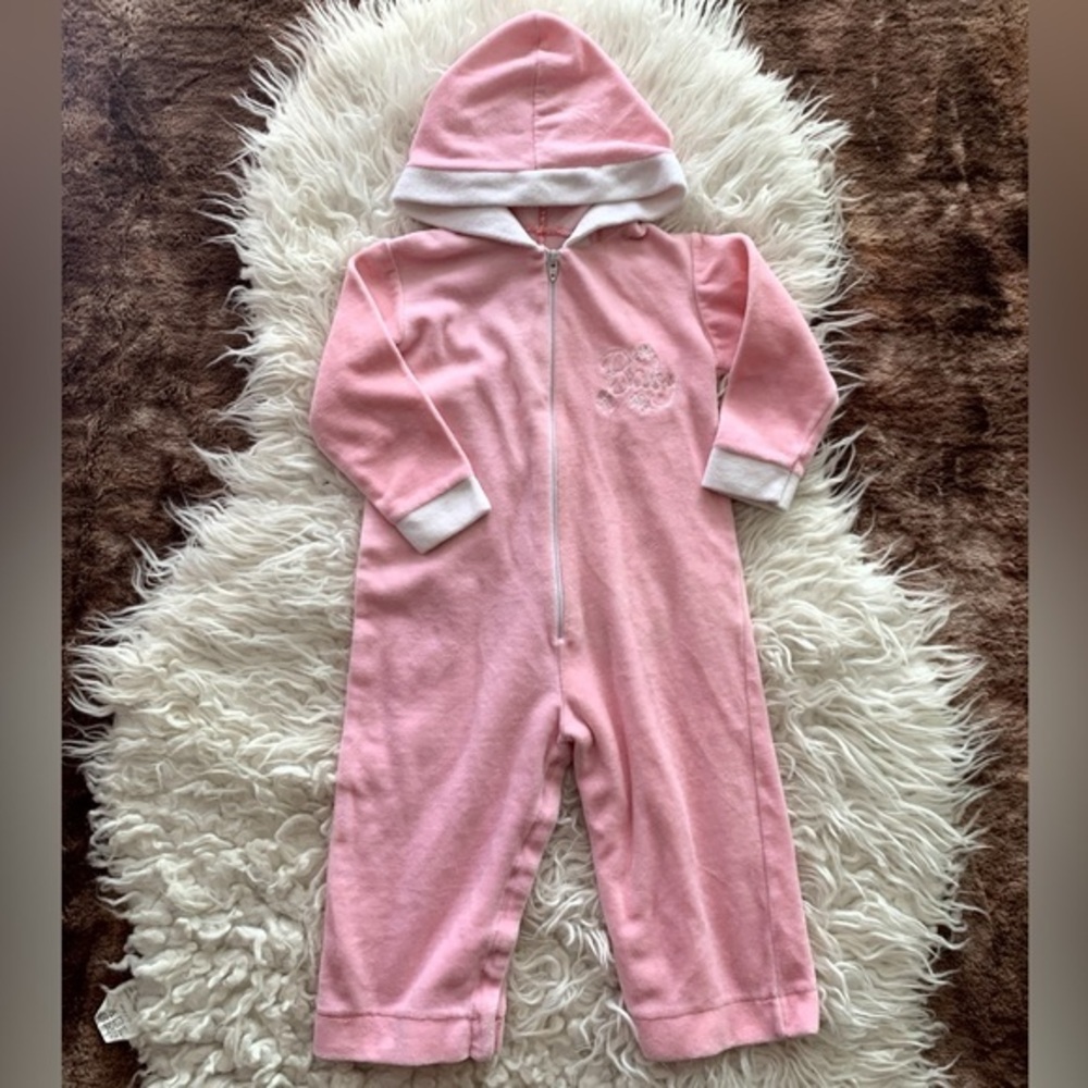 Vintage Baby Girl 6-12 M Soft Pink Baby Hooded Velour Bodysuit Tracksuit